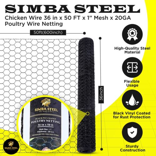PVC Hexagonal Poultry Net Chicken Wire 36" x 50' x 1" Mesh 20GA Black SIMBASTEEL | eBay