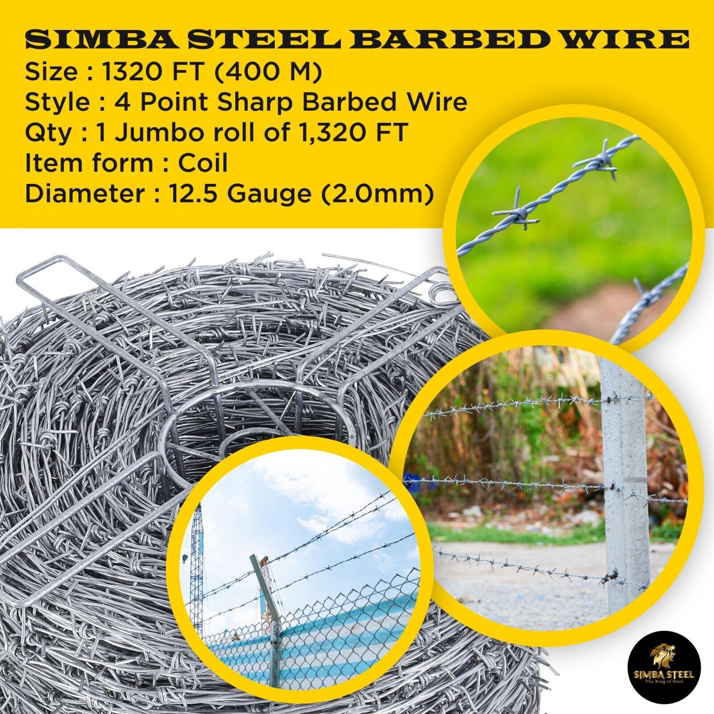 1320 FT Barbed Wire Roll | 5" Spacing, 12.5 Ga | 4-Point | Heavy Duty (400m) SIMBASTEEL