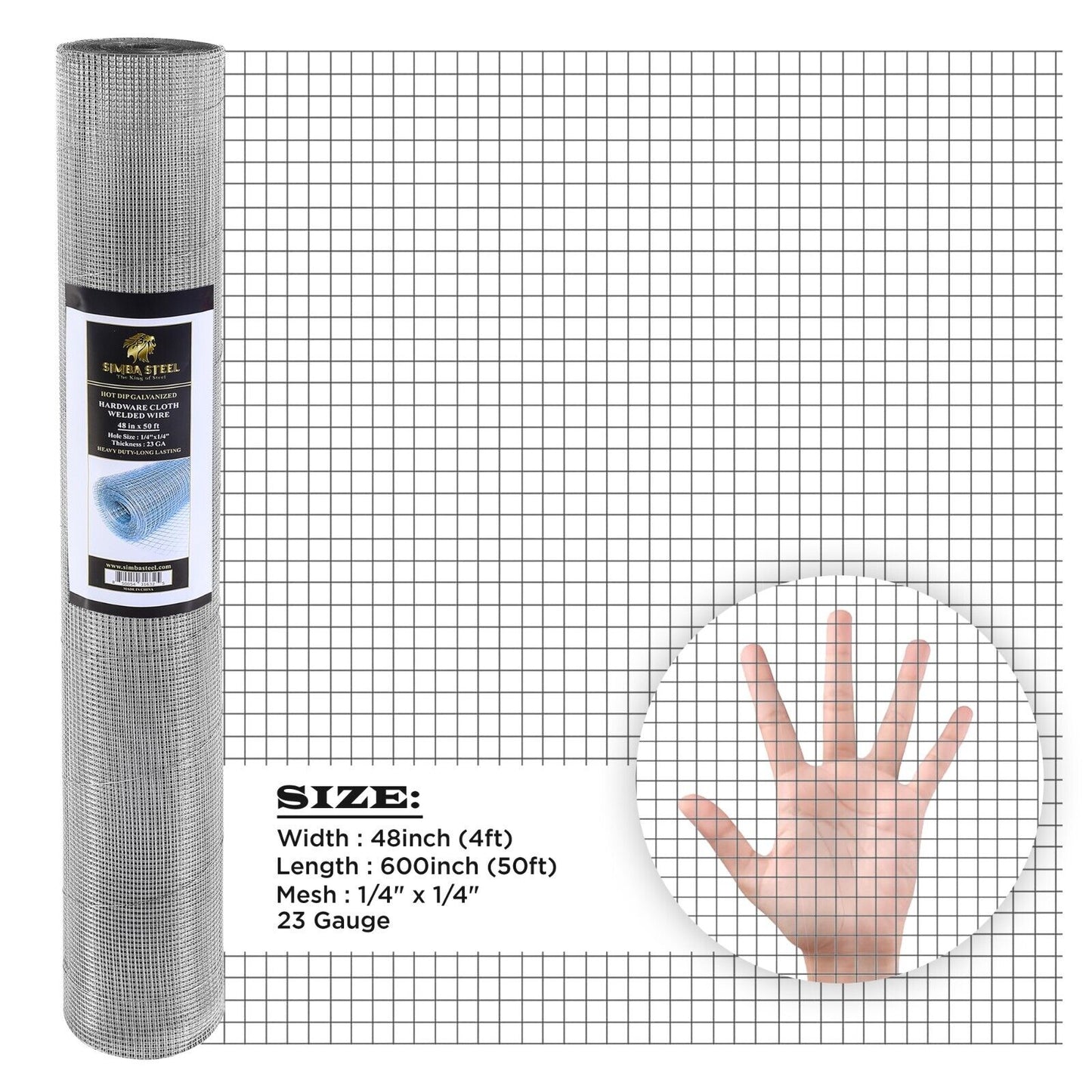 Galvanized Welded Wire Mesh, Hardware Cloth, Size 12"-72" 50/100FT SIMBA STEEL