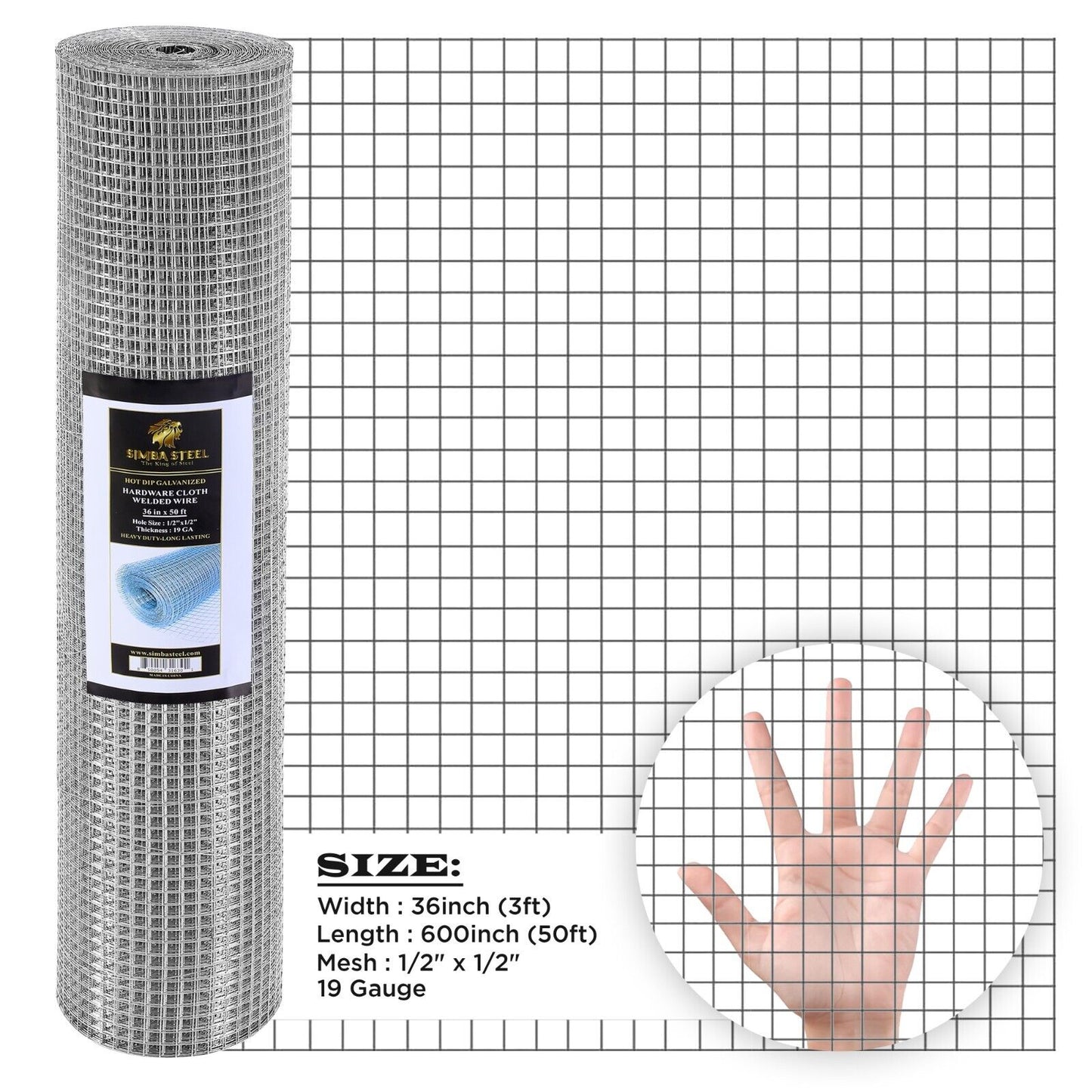 Galvanized Welded Wire Mesh, Hardware Cloth, Size 12"-72" 50/100FT SIMBA STEEL