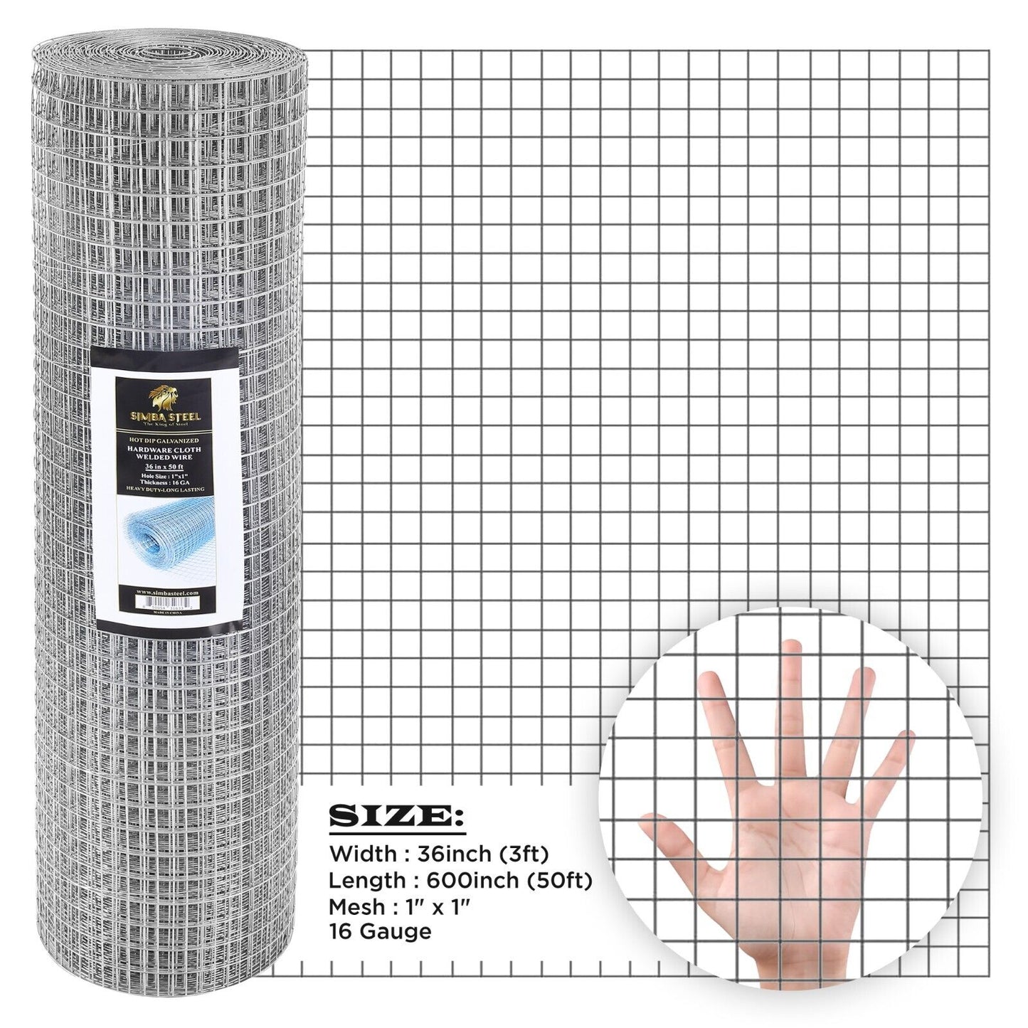 Galvanized Welded Wire Mesh, Hardware Cloth, Size 12"-72" 50/100FT SIMBA STEEL
