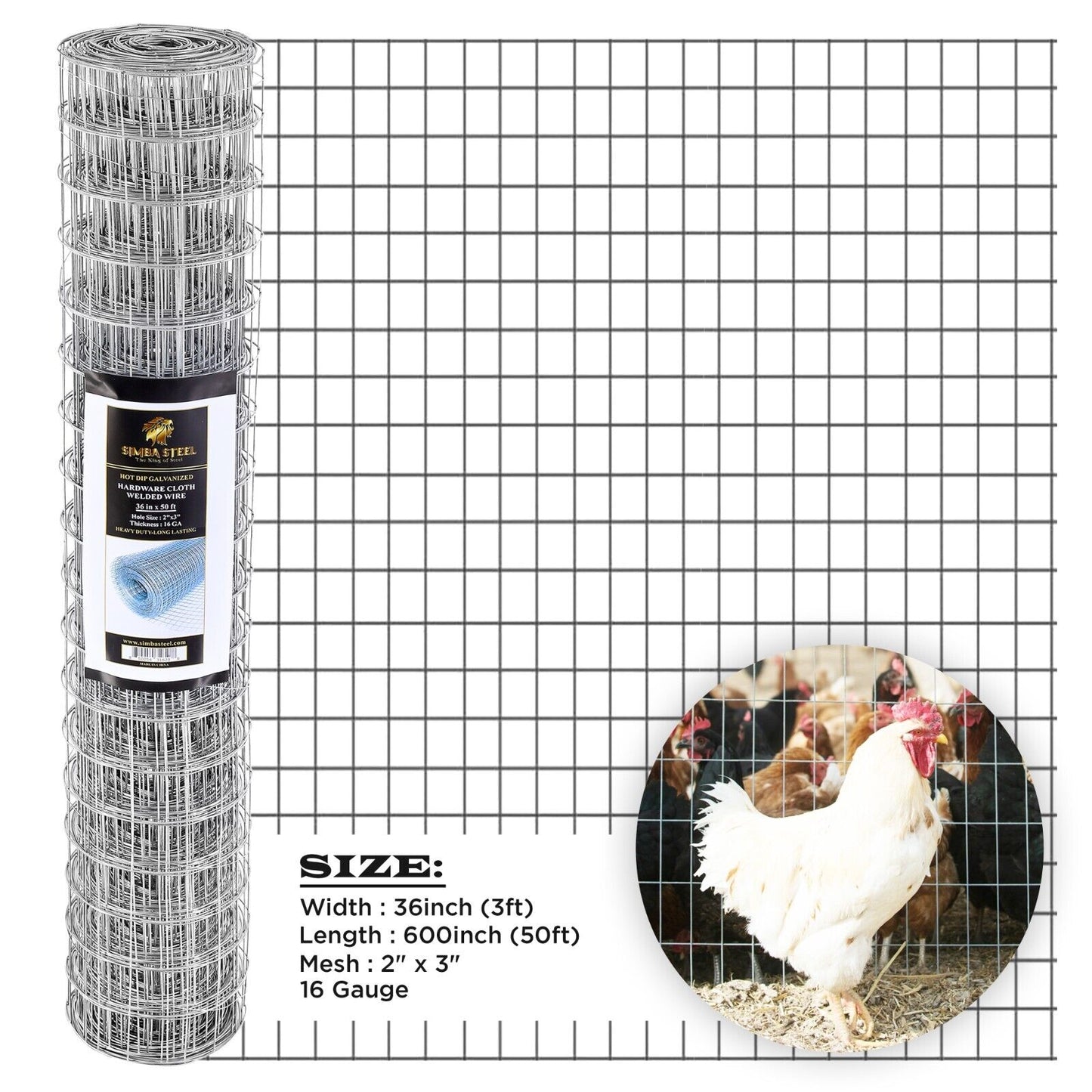 Galvanized Welded Wire Mesh, Hardware Cloth, Size 12"-72" 50/100FT SIMBA STEEL
