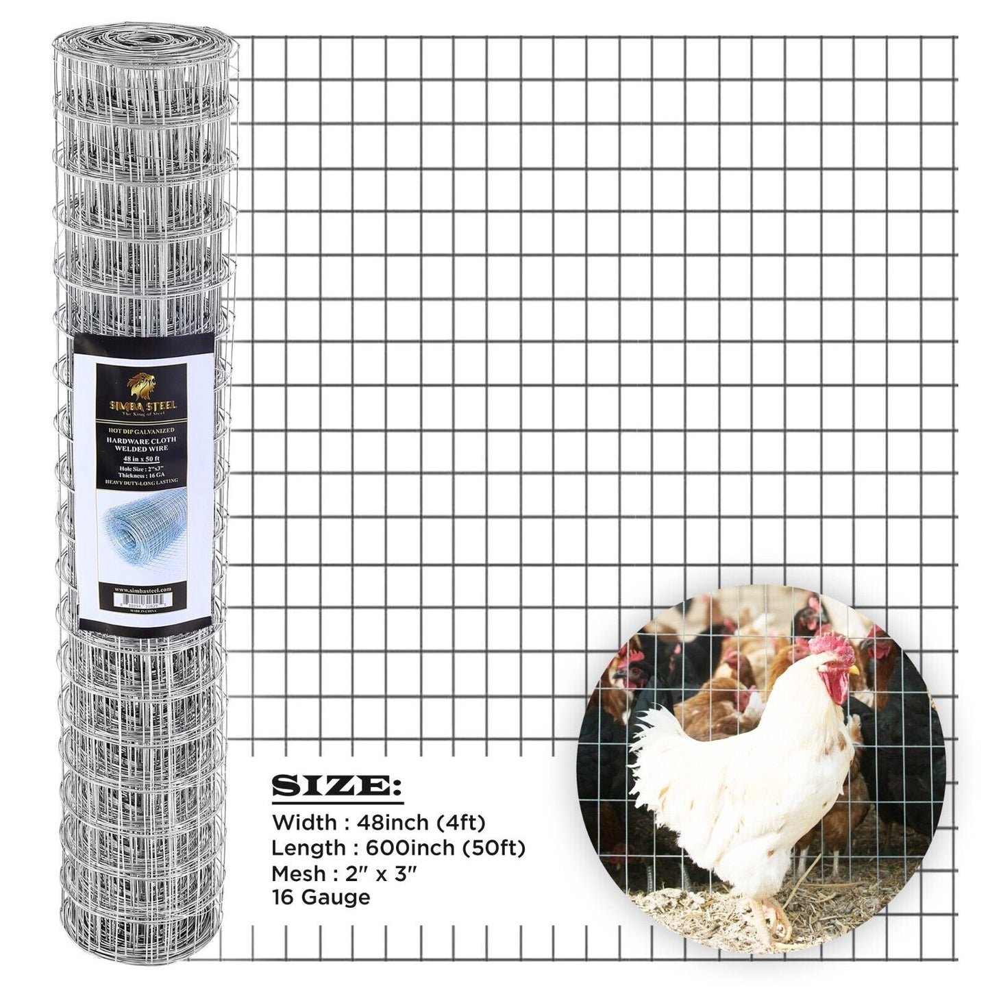 Galvanized Welded Wire Mesh, Hardware Cloth, Size 12"-72" 50/100FT SIMBA STEEL