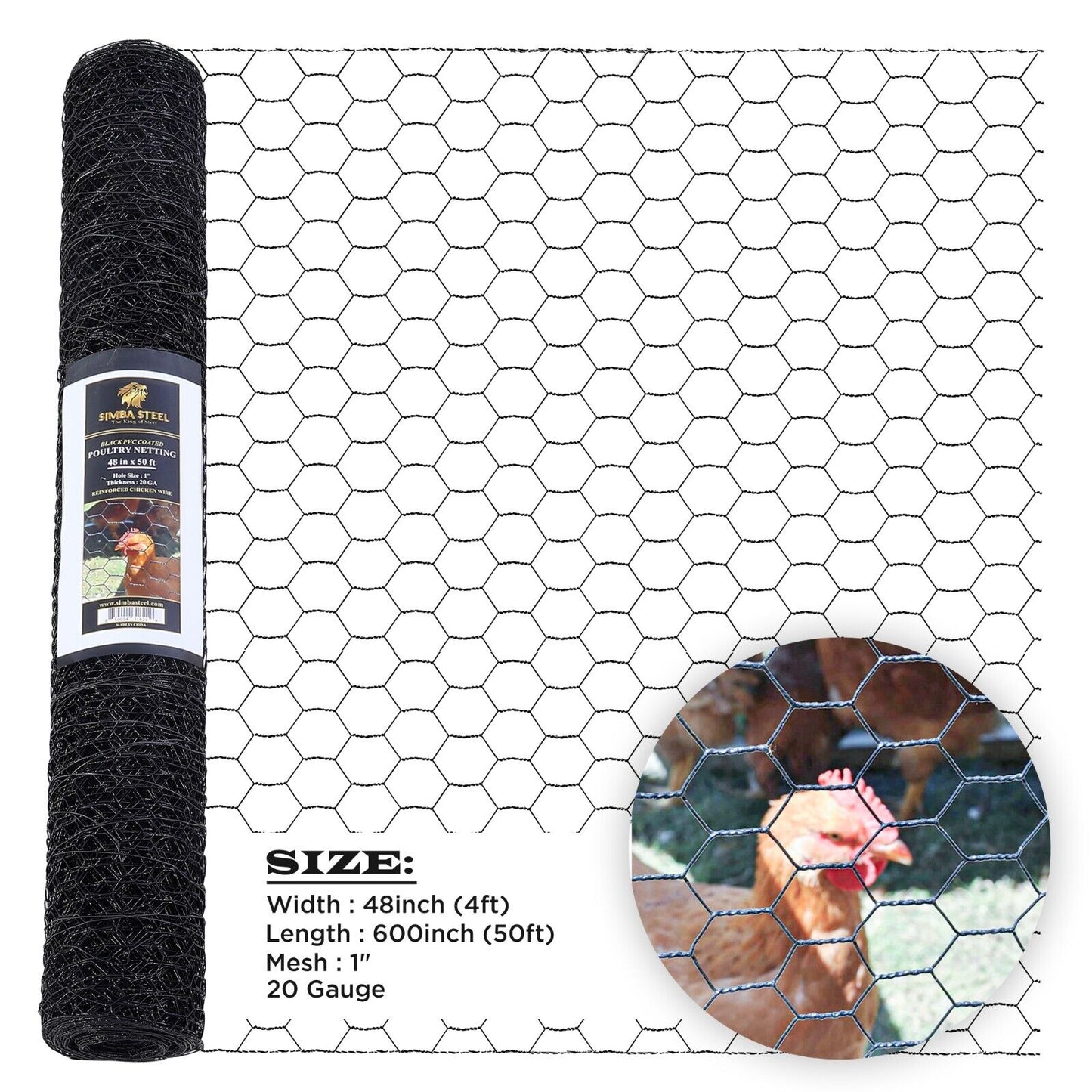 PVC Hexagonal Poultry Net Chicken Wire 1" Mesh 20GA Black Many Sizes SIMBASTEEL