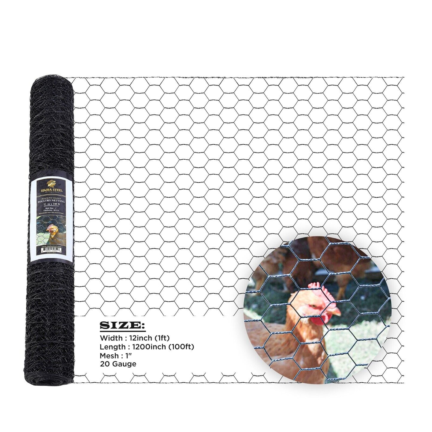 PVC Hexagonal Poultry Net Chicken Wire 1" Mesh 20GA Black Many Sizes SIMBASTEEL