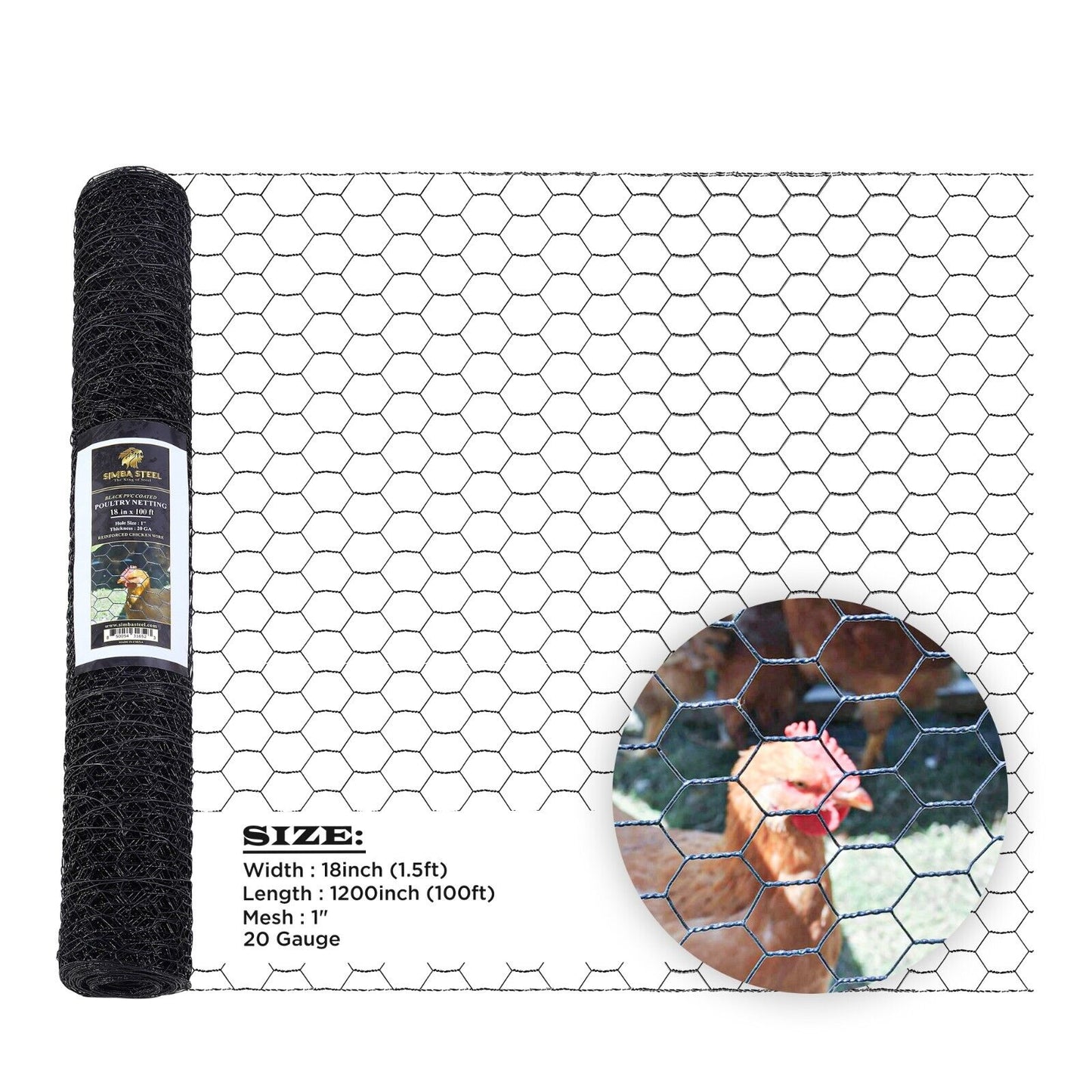 PVC Hexagonal Poultry Net Chicken Wire 1" Mesh 20GA Black Many Sizes SIMBASTEEL