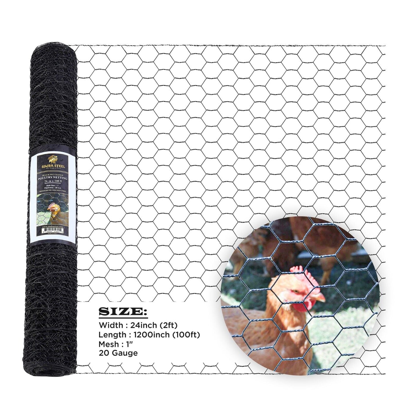 PVC Hexagonal Poultry Net Chicken Wire 1" Mesh 20GA Black Many Sizes SIMBASTEEL