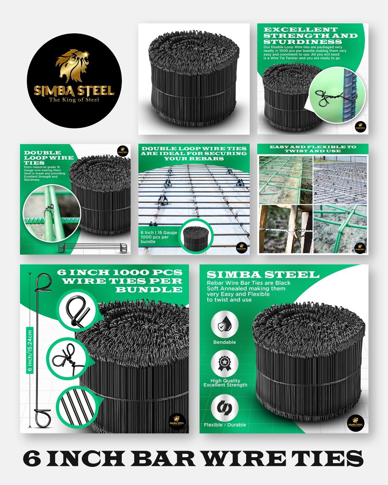 6 Inch x 1,000pc Double Loop Rebar Wire Ties, 16 Gauge Soft Annealed, SIMBASTEEL