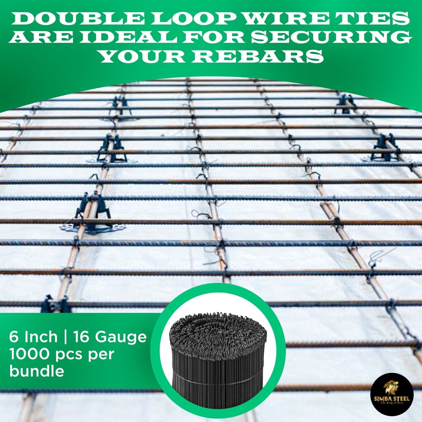 6 Inch x 1,000pc Double Loop Rebar Wire Ties, 16 Gauge Soft Annealed, SIMBASTEEL