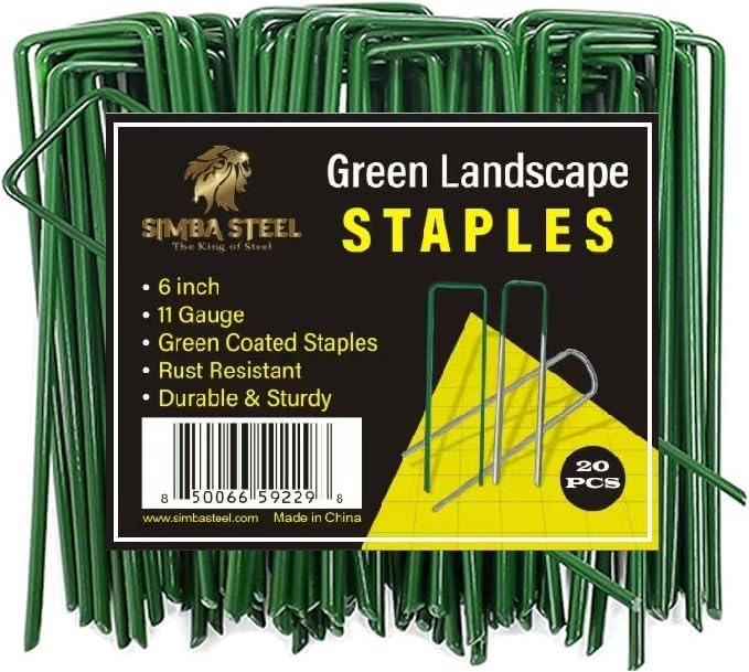 20 Pack x 6 Inch, 11 Gauge Green Landscape Staples, Garden Stakes, Ground Anchor, U-Type, Rust Resistant, Ground Pin for Tents, Tarp, Fence Grass Weed Barrier (Green 20 Pack)