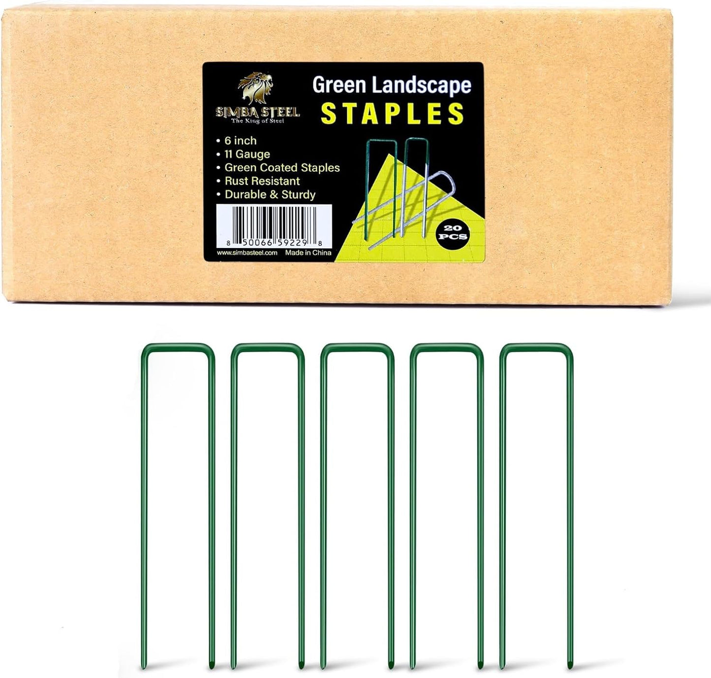 20 Pack x 6 Inch, 11 Gauge Green Landscape Staples, Garden Stakes, Ground Anchor, U-Type, Rust Resistant, Ground Pin for Tents, Tarp, Fence Grass Weed Barrier (Green 20 Pack)