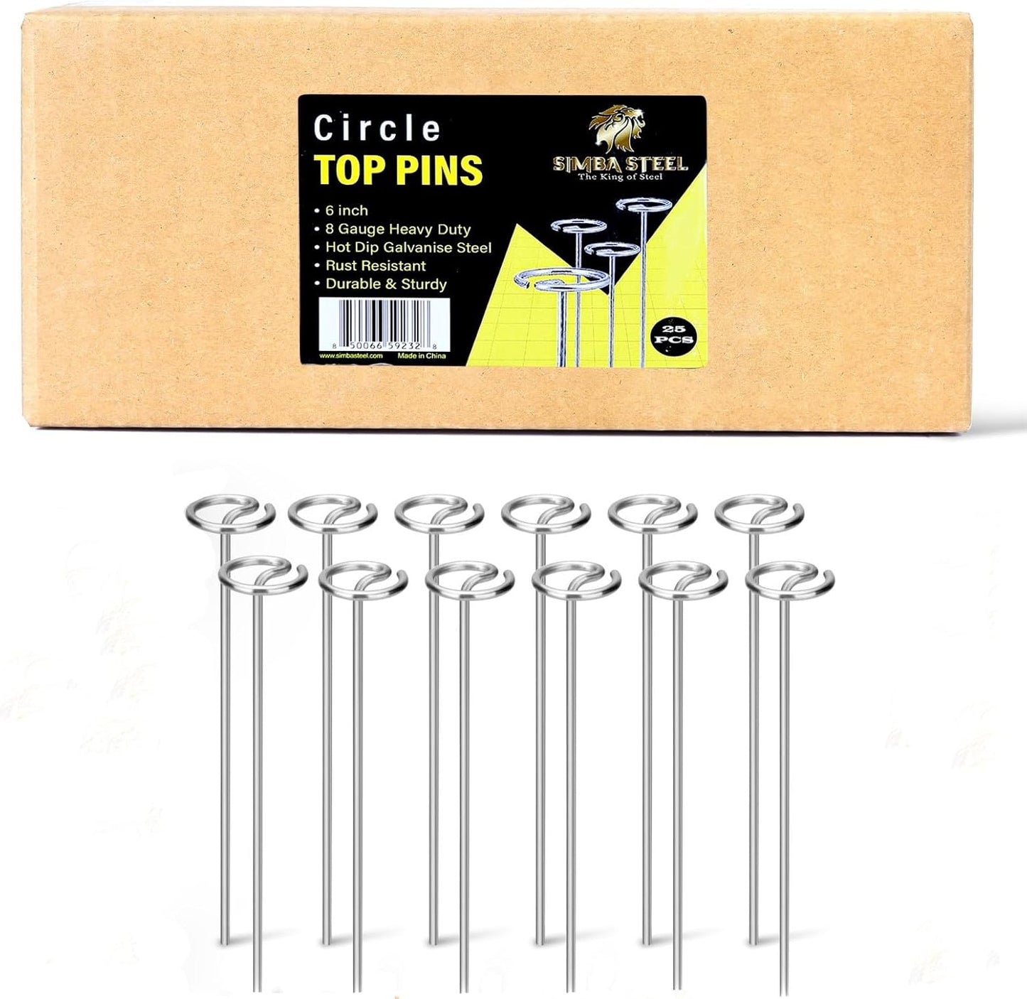 8 Gauge Circle Top Lanscape Pins - 25 Pack x 6 Inch Galvanised, Heavy Duty, Not Easy to Bend, Garden Stakes for Tarps, Lawn Turf, Weed Mats, More Holding Power (25 Pins)