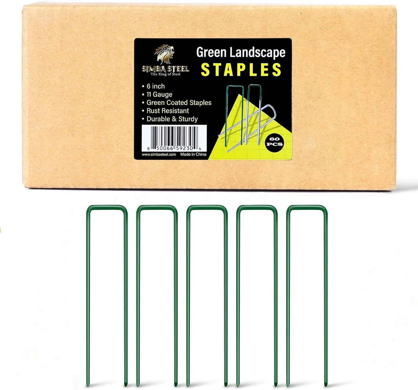 60 Pack x 6 Inch, 11 Gauge Green Landscape Staples, Garden Stakes, Ground Anchor, U-Type, Rust Resistant, Ground Pin for Tents, Tarp, Fence Grass Weed Barrier (Green 60 Pack)