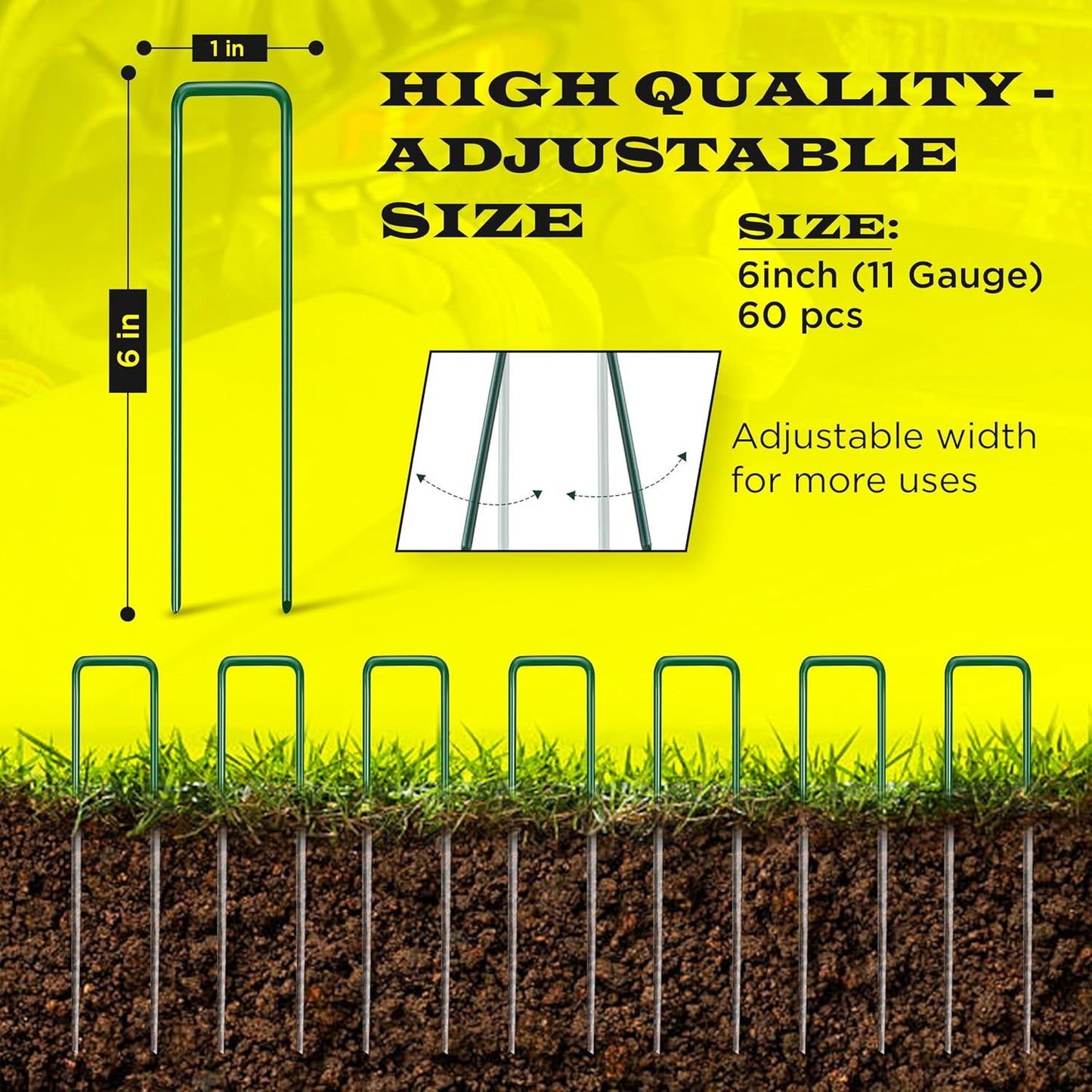 60 Pack x 6 Inch, 11 Gauge Green Landscape Staples, Garden Stakes, Ground Anchor, U-Type, Rust Resistant, Ground Pin for Tents, Tarp, Fence Grass Weed Barrier (Green 60 Pack)