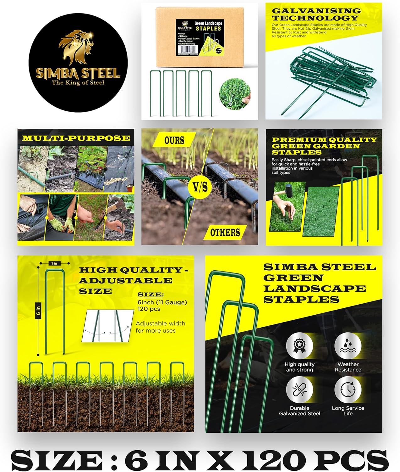 120 Pack x 6 Inch, 11 Gauge Green Landscape Staples, Garden Stakes, Ground Anchor, U-Type, Rust Resistant, Ground Pin for Tents, Tarp, Fence Grass Weed Barrier (Green 120 Pack)