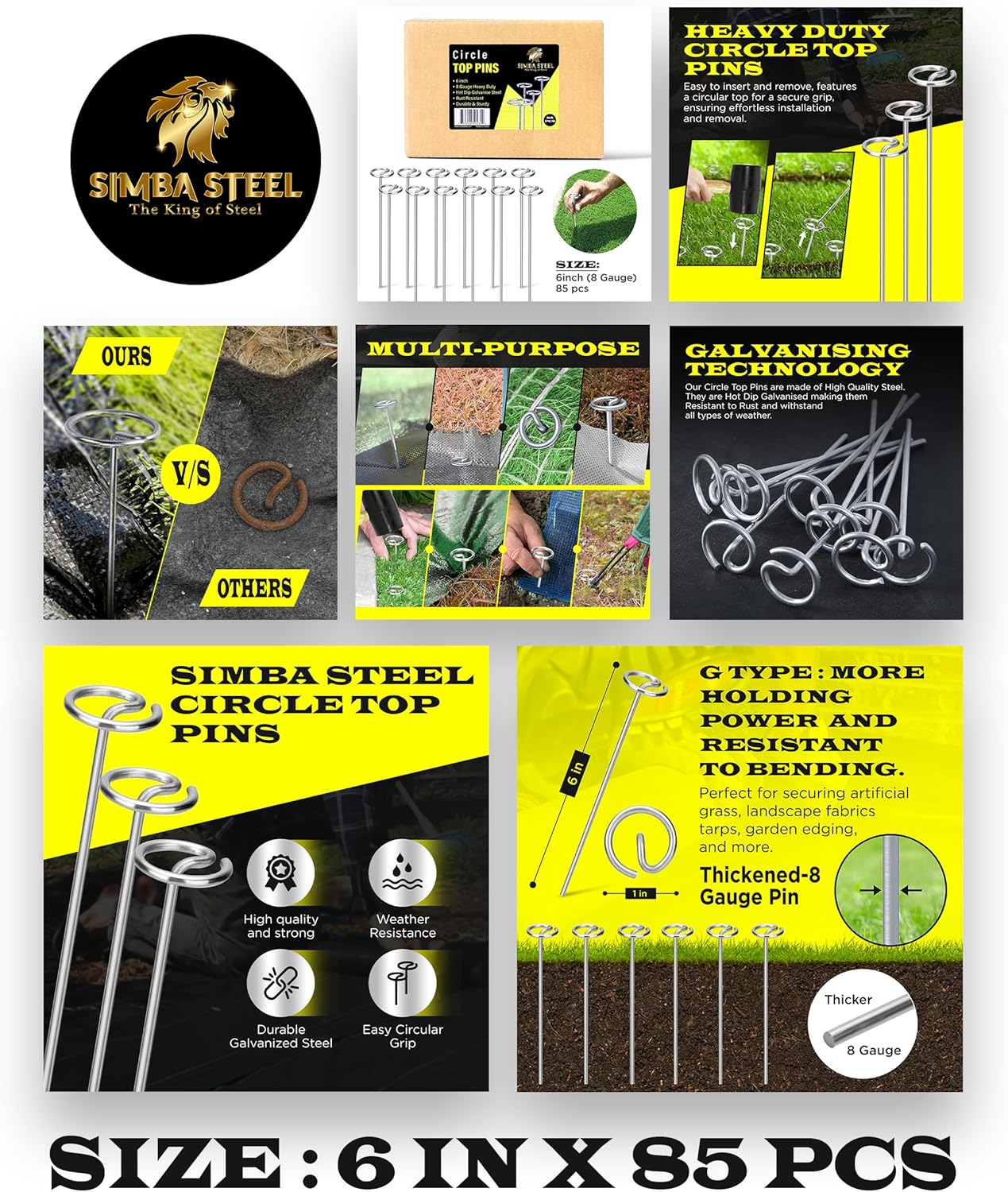 8 Gauge Circle Top Lanscape Pins - 85 Pack x 6 Inch Galvanised, Heavy Duty, Not Easy to Bend, Garden Stakes for Tarps, Lawn Turf, Weed Mats, More Holding Power (85 Pins)