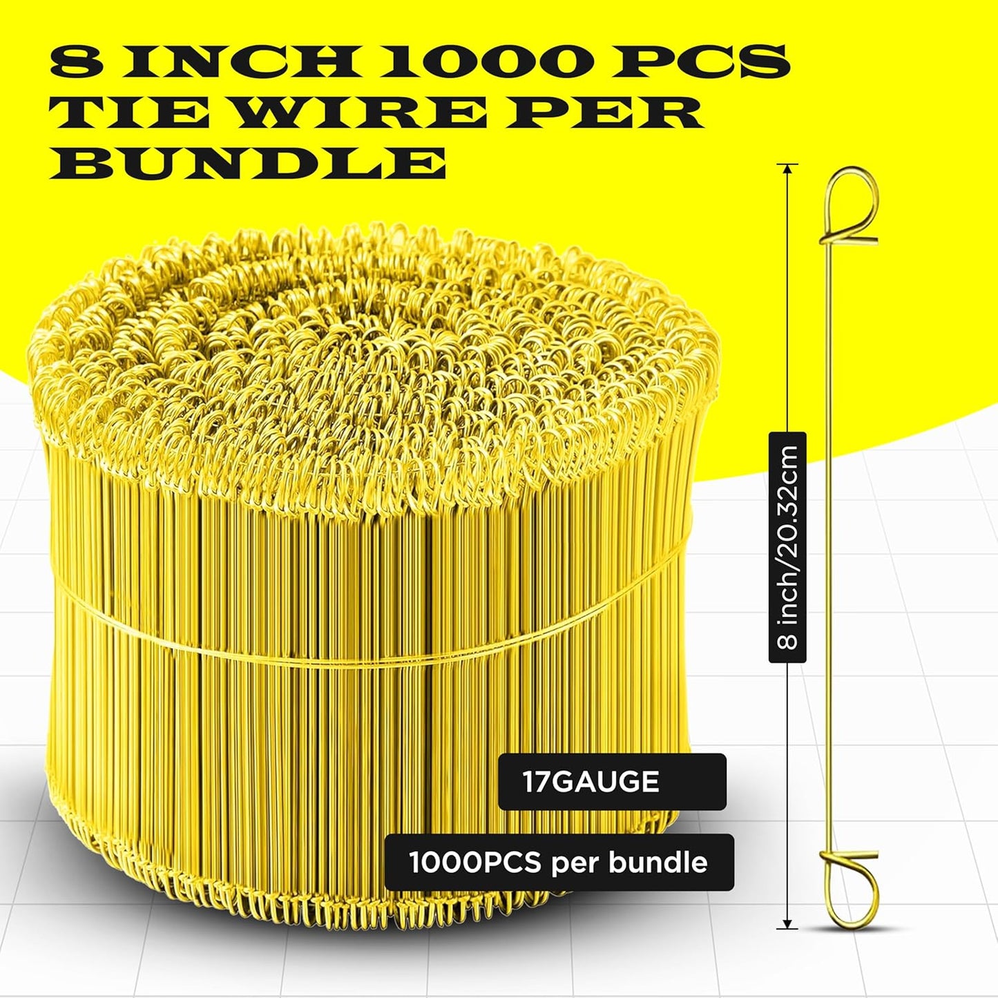 8 Inch - 16 Gauge 1000 pcs YELLOW PVC Coated Double Loop Rebar Wire Bar Ties | Excellent Strength | Durable | SIMBA STEEL | PVC Yellow 8in. 1000