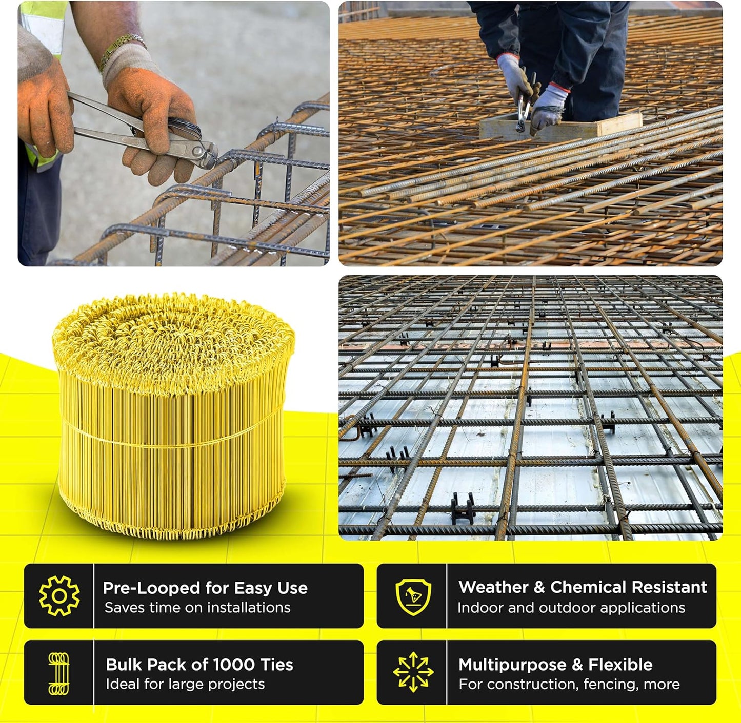 6 Inch - 16 Gauge 1000 pcs YELLOW PVC Coated Double Loop Rebar Wire Bar Ties | Excellent Strength | Durable | SIMBA STEEL | PVC Yellow 6in. 1000