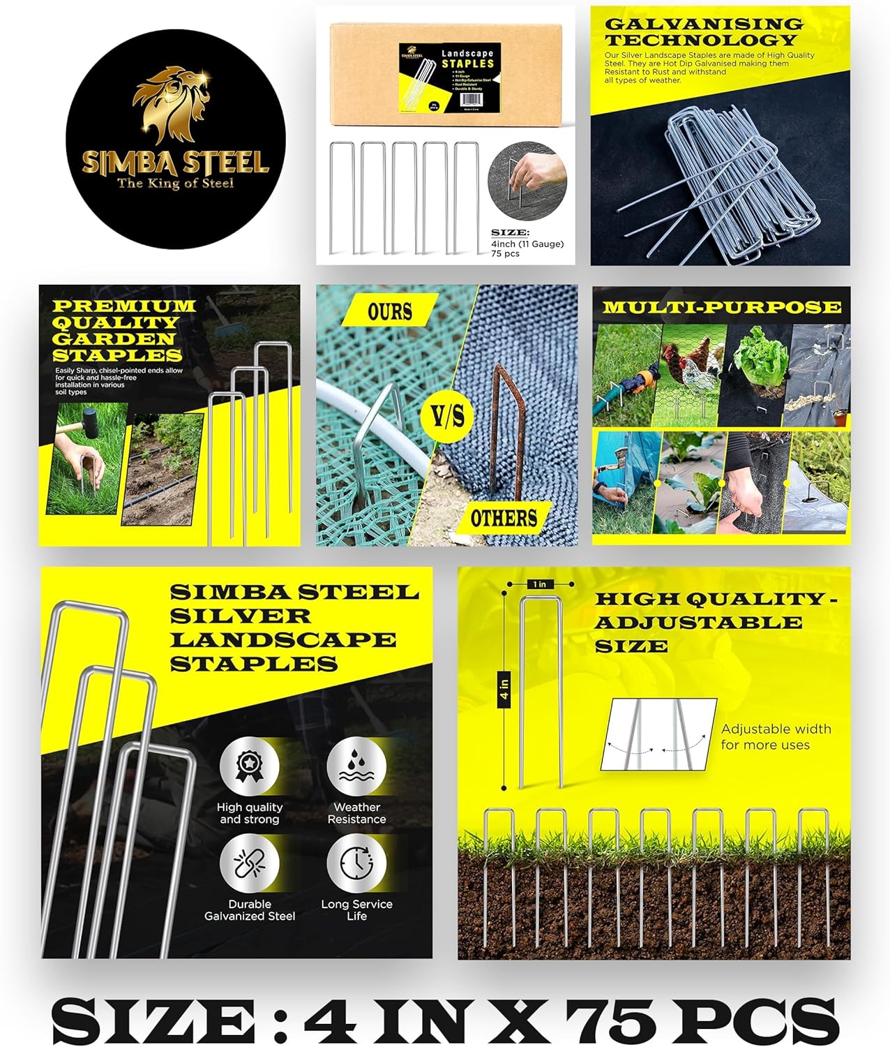 75 Pack x 4 Inch Landscape Staples Galvanised, Fabric Pins, 11 Gauge, Garden Staples, Tent Stakes, Fabric Pins for Lawn, Fence, Tent, Decoration, Weed Barrier, Outdoor. (75 x 4in)