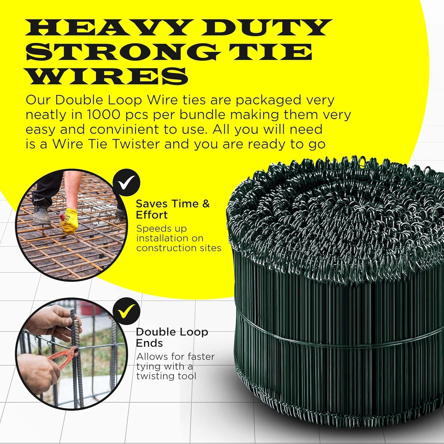 8 Inch - 16 Gauge 1000 pcs GREEN PVC Coated Double Loop Rebar Wire Bar Ties | Excellent Strength | Durable | SIMBA STEEL | PVC Green 8in. 1000