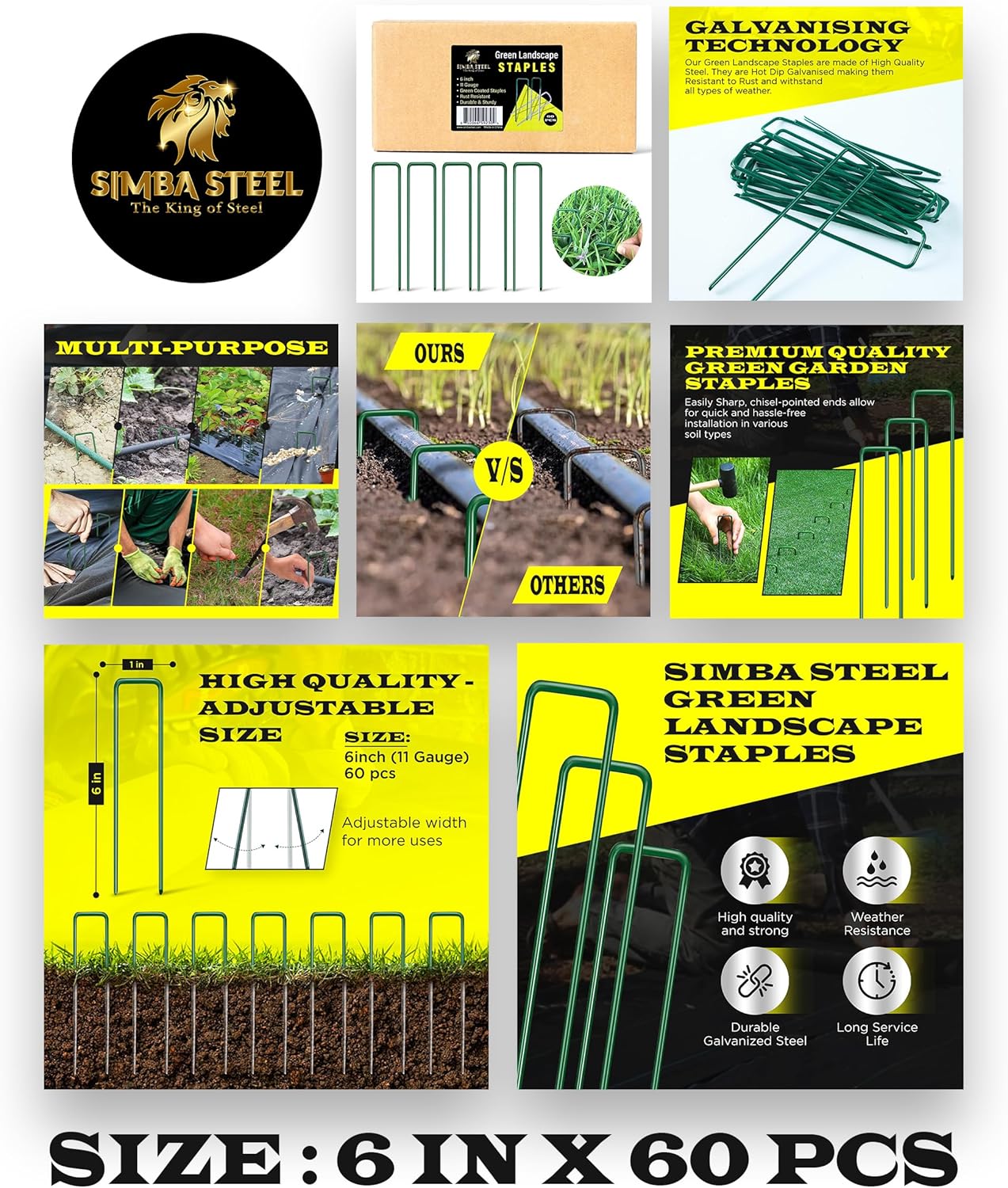 60 Pack x 6 Inch, 11 Gauge Green Landscape Staples, Garden Stakes, Ground Anchor, U-Type, Rust Resistant, Ground Pin for Tents, Tarp, Fence Grass Weed Barrier (Green 60 Pack)