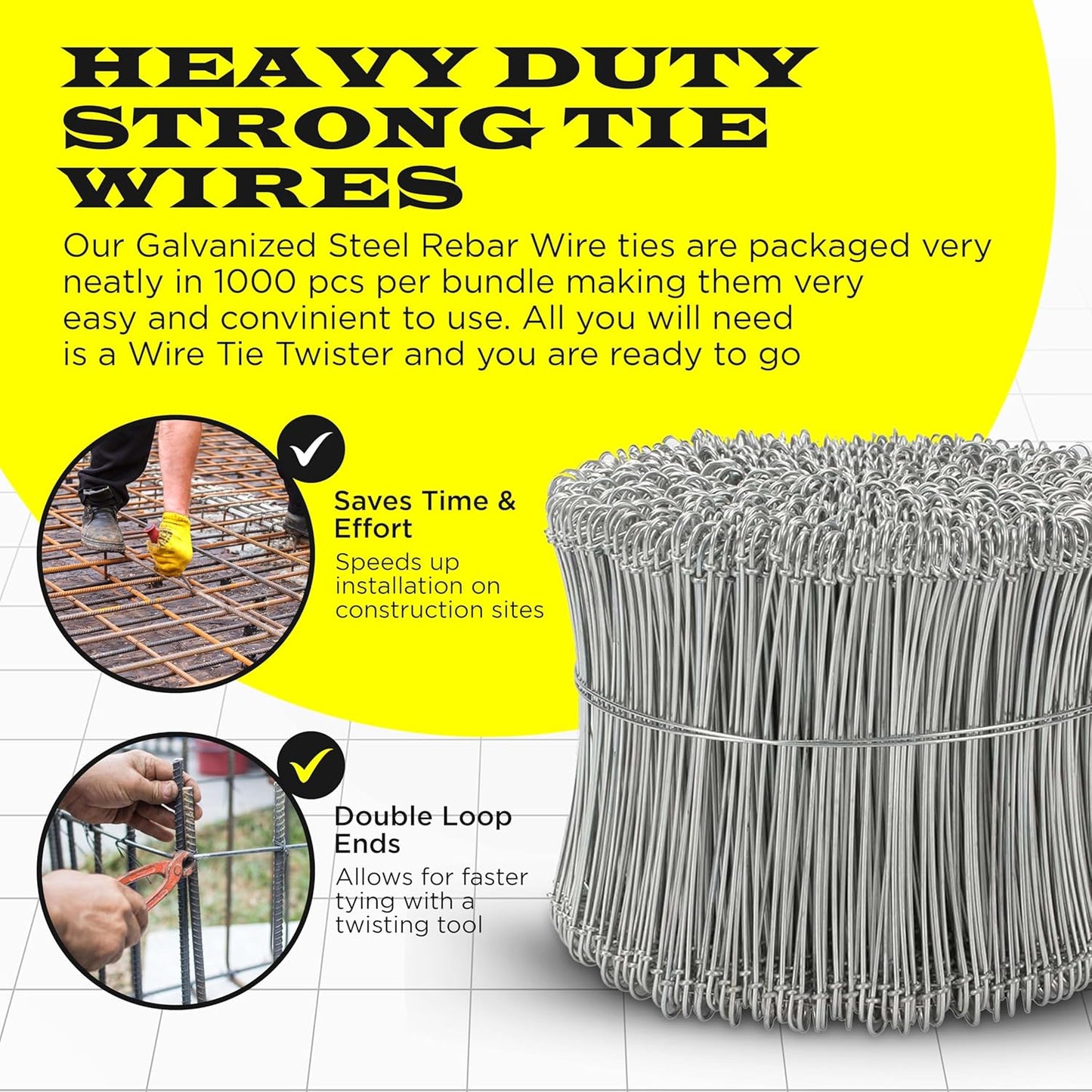 6 Inch - 16 Gauge 1000 pcs GALVANIZED Steel Double Loop Rebar Wire Bar Ties | Excellent Strength | Durable | SIMBA STEEL | Galvanized 6 in 1000pcs