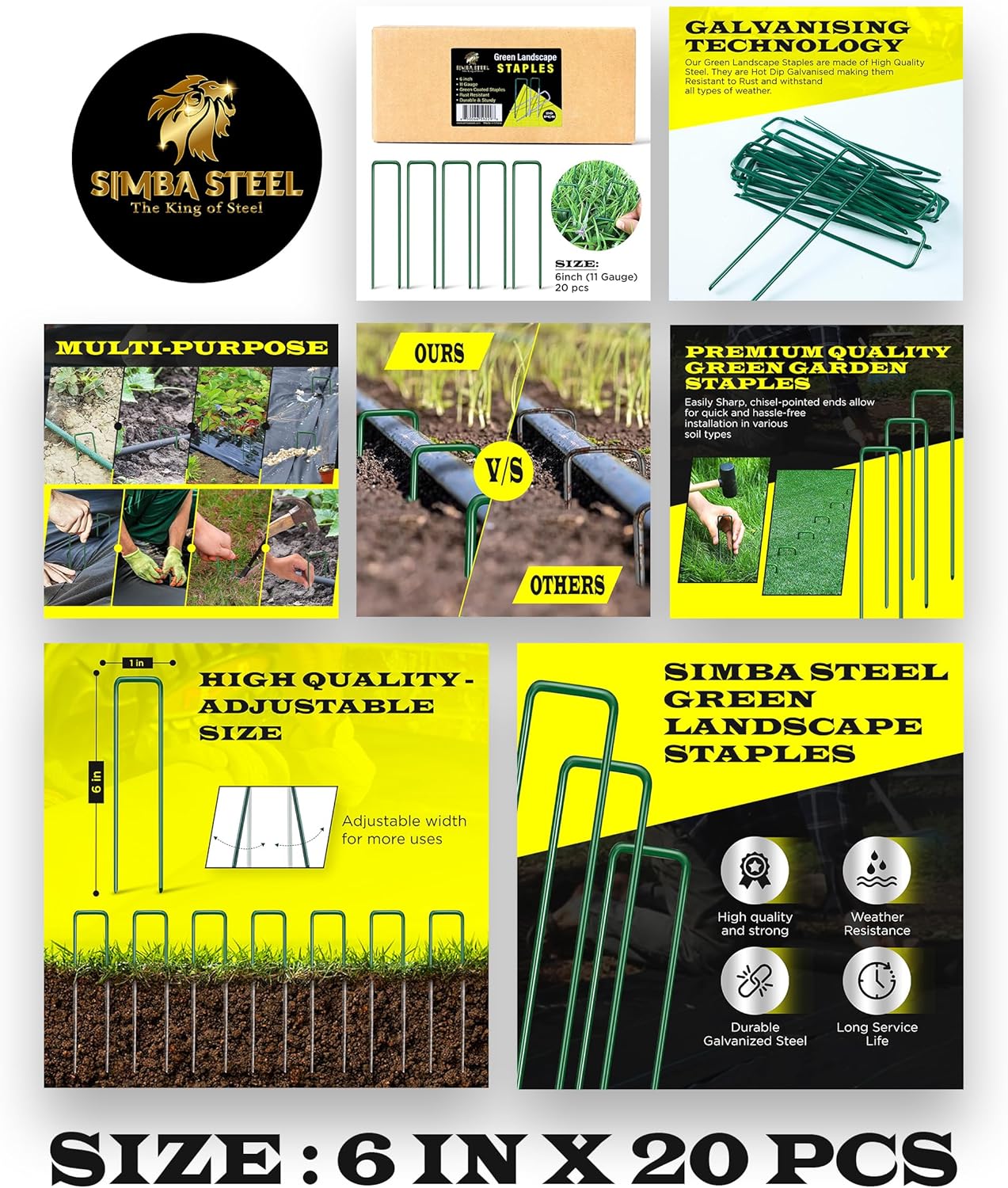 20 Pack x 6 Inch, 11 Gauge Green Landscape Staples, Garden Stakes, Ground Anchor, U-Type, Rust Resistant, Ground Pin for Tents, Tarp, Fence Grass Weed Barrier (Green 20 Pack)