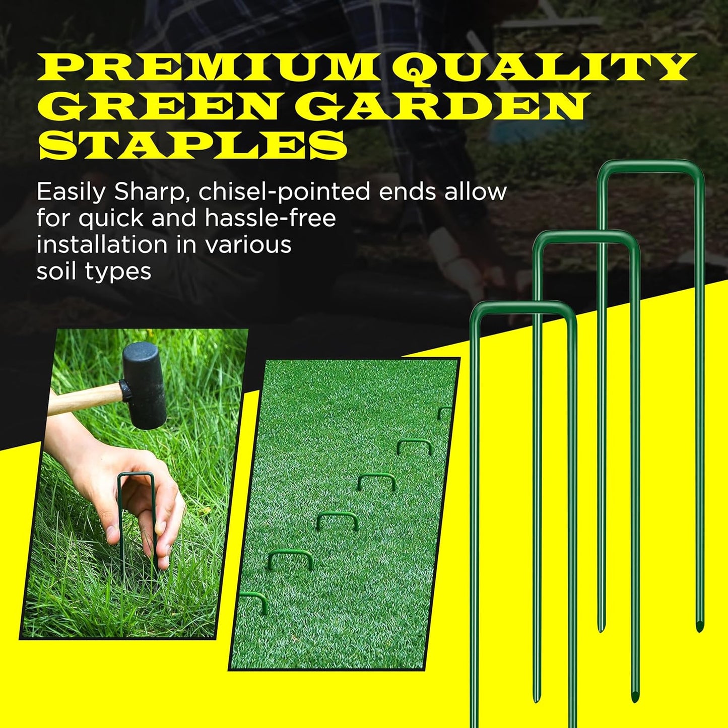 60 Pack x 6 Inch, 11 Gauge Green Landscape Staples, Garden Stakes, Ground Anchor, U-Type, Rust Resistant, Ground Pin for Tents, Tarp, Fence Grass Weed Barrier (Green 60 Pack)