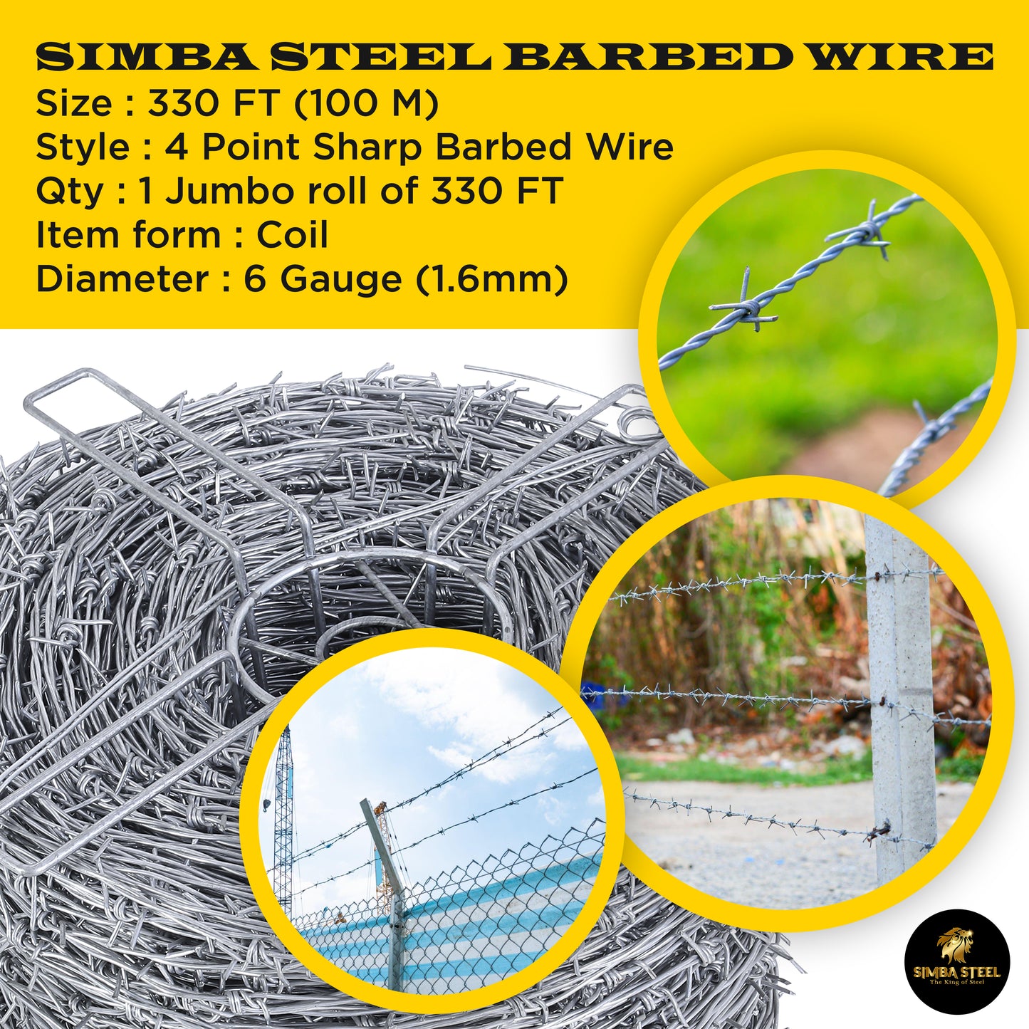 328FT - 330FT Barbed Wire 4 point, 5" Spacing, 16GA, Heavy Duty (100m), SIMBA STEEL