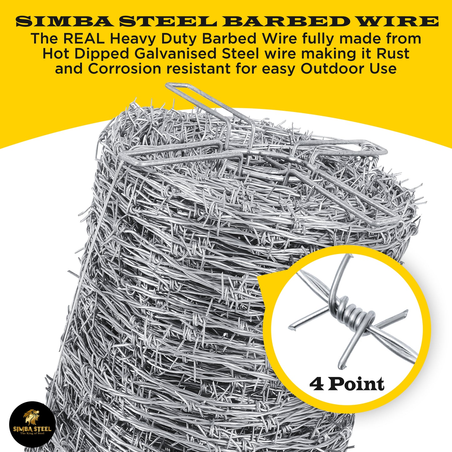 328FT - 330FT Barbed Wire 4 point, 5" Spacing, 16GA, Heavy Duty (100m), SIMBA STEEL