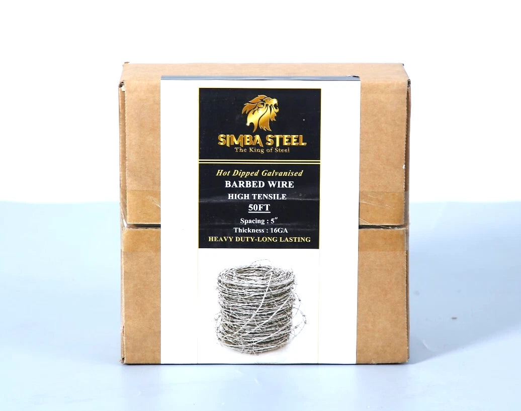 50 FT Barbed Wire Roll + Gloves 16 Ga STRONG | 4-Point | 5" Spacing SIMBA STEEL