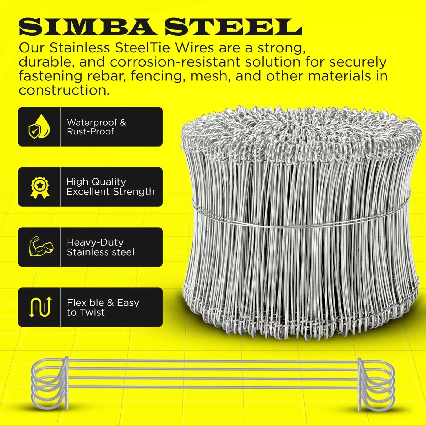 8 Inch x 1000pc STAINLESS STEEL Double Loop Rebar Wire Ties, 16 Gage, SIMBASTEEL
