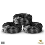 Three rolls of black annealed rebar tie wire on a white background.
