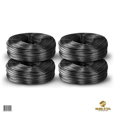 Four rolls of black annealed rebar tie wire, each roll is 330 feet in length, displayed against a white background.