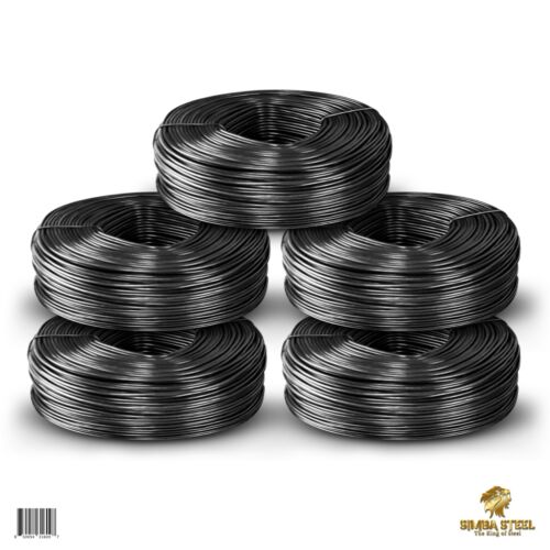 A stack of five rolls of black annealed rebar tie wire.