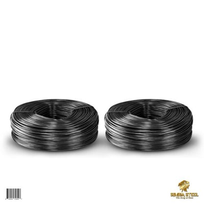 Two rolls of black annealed rebar tie wire, each approximately 330 feet in length, displayed against a white background.
