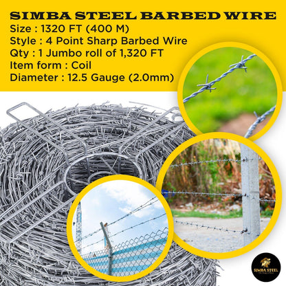 1320 FT Barbed Wire Roll | 5" Spacing, 12.5 Ga | 4-Point  | Heavy Duty (400m) SIMBASTEEL