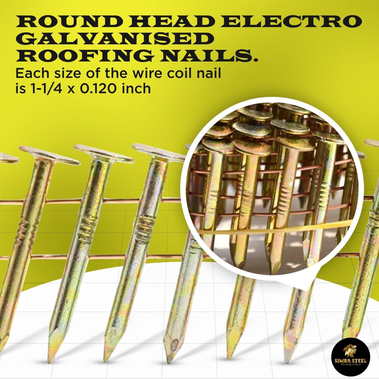 7200Pcs, 15 Degree, 1-1/4" × 0.12" Coil Roofing Nail, Galvanized, SimbaSteel