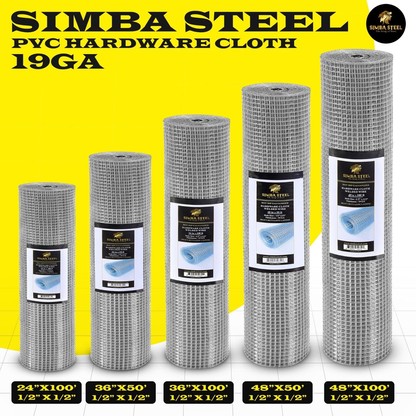 Galvanized Welded Wire Mesh, Hardware Cloth, Size 12"-72" 50/100FT SIMBA STEEL