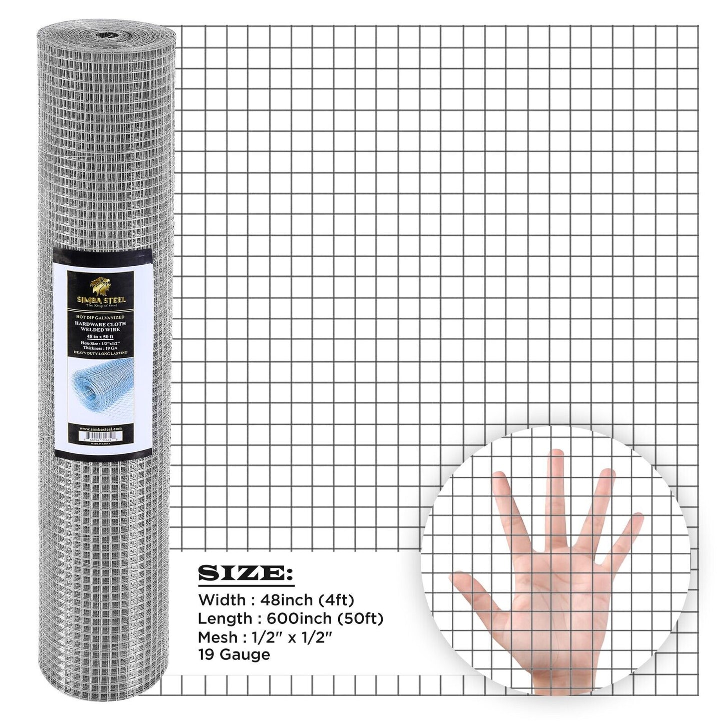 Galvanized Welded Wire Mesh, Hardware Cloth, Size 12"-72" 50/100FT SIMBA STEEL