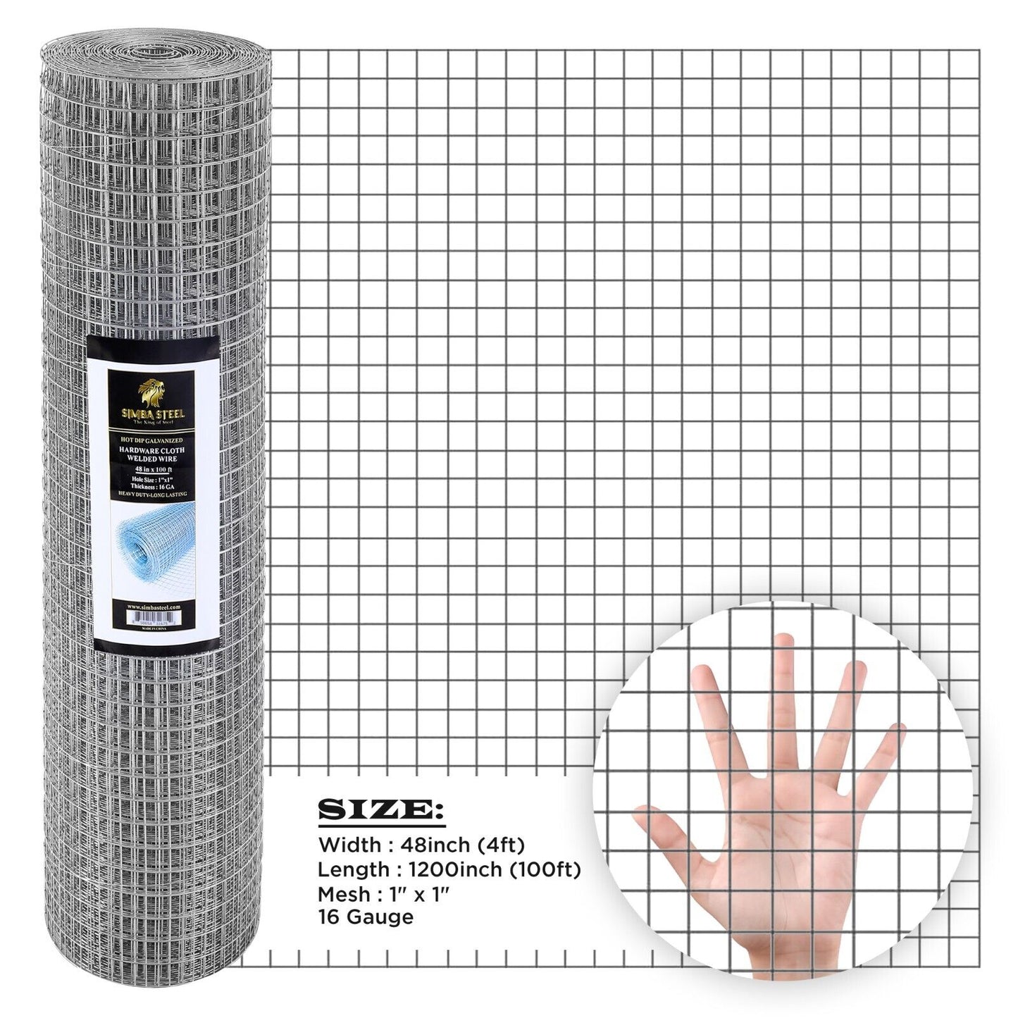 Galvanized Welded Wire Mesh, Hardware Cloth, Size 12"-72" 50/100FT SIMBA STEEL