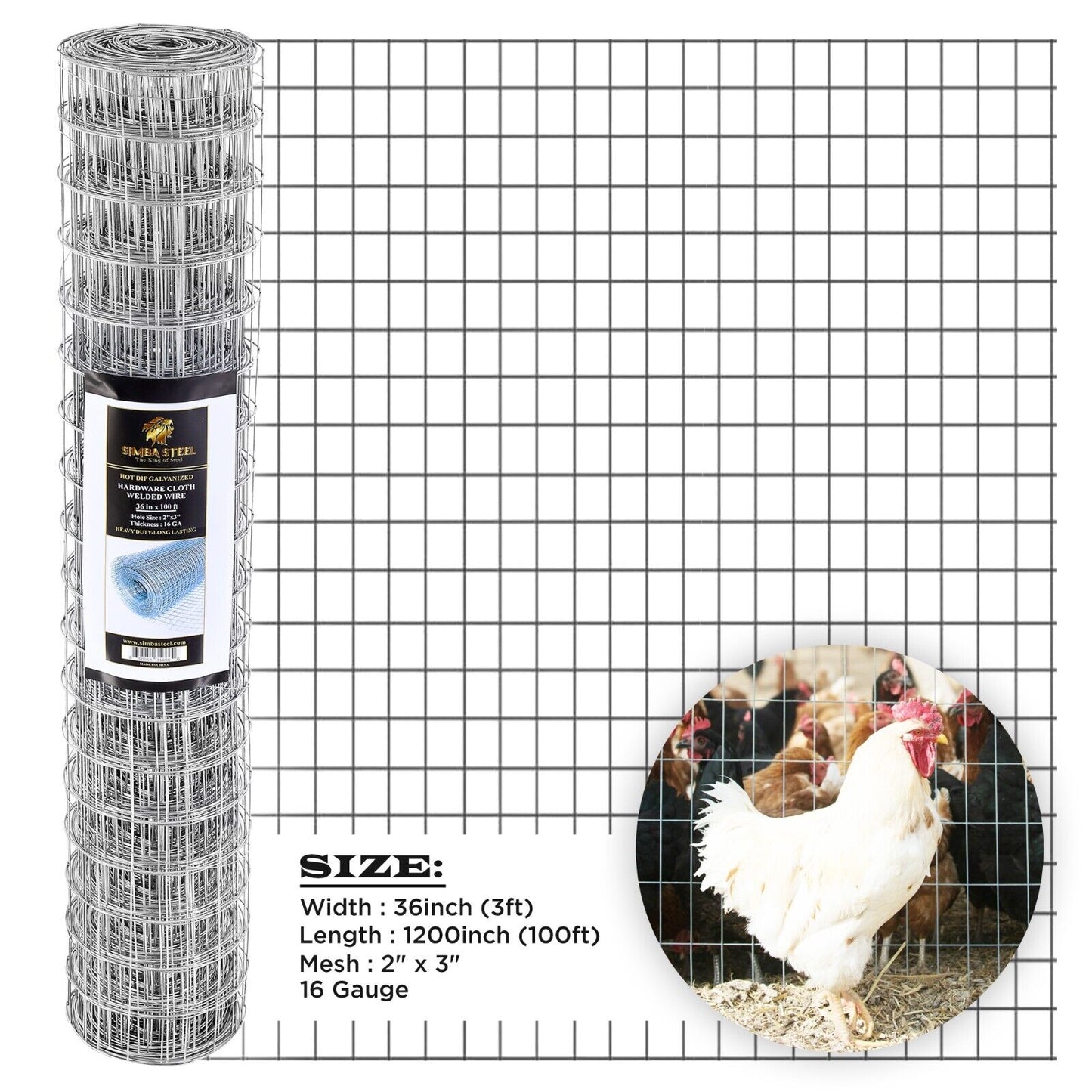 Galvanized Welded Wire Mesh, Hardware Cloth, Size 12"-72" 50/100FT SIMBA STEEL