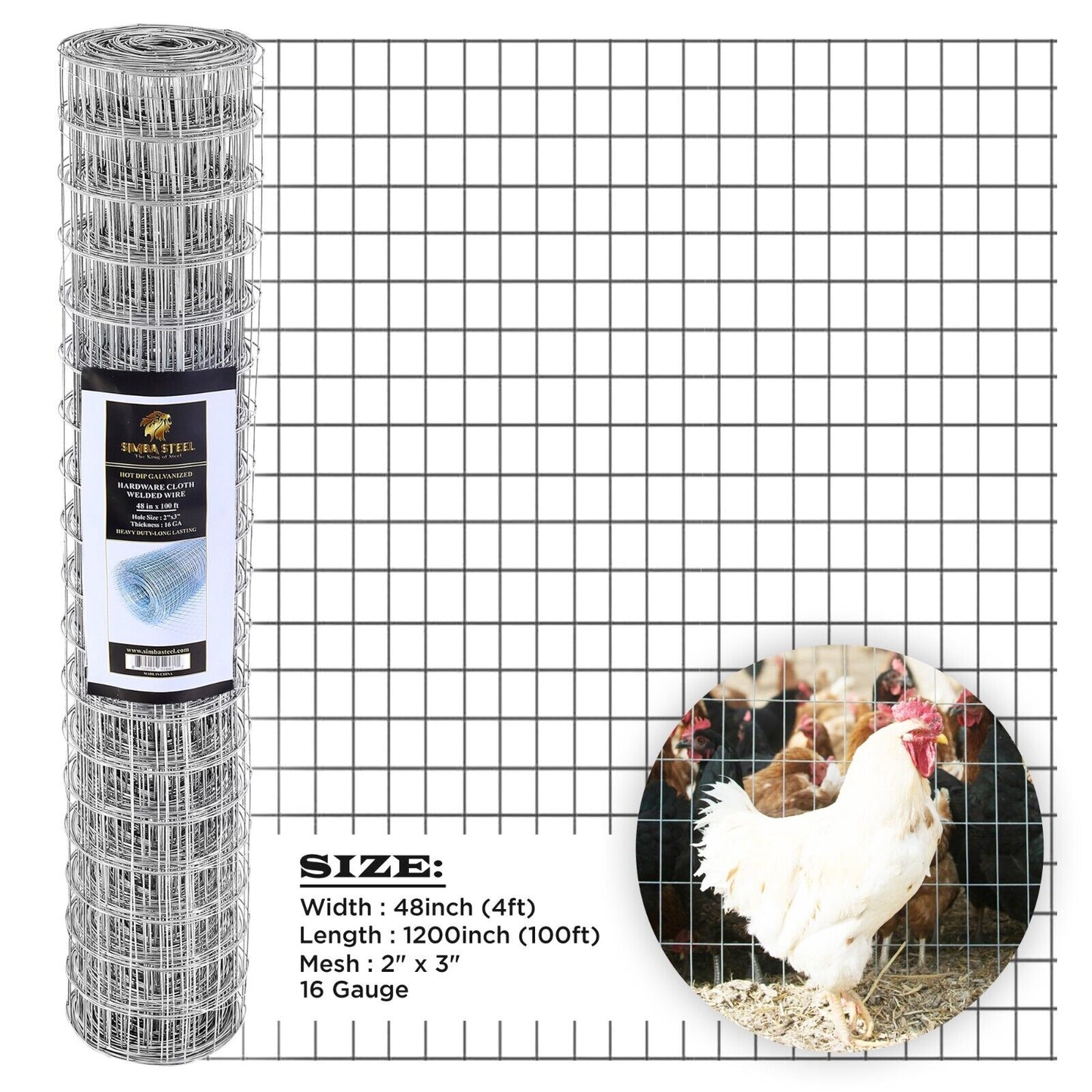 Galvanized Welded Wire Mesh, Hardware Cloth, Size 12"-72" 50/100FT SIMBA STEEL