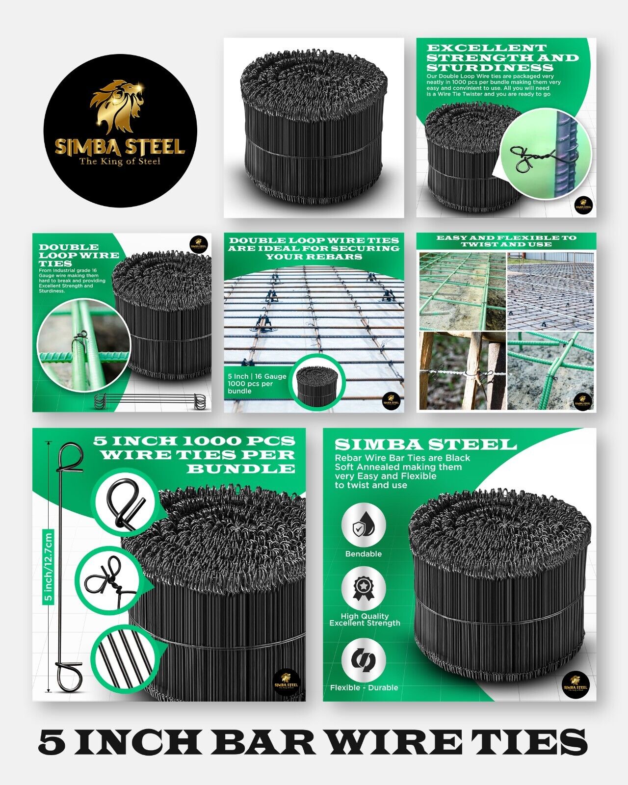 5 Inch x 1,000pc Double Loop Rebar Wire Ties, 16 Gauge Soft Annealed, SIMBASTEEL