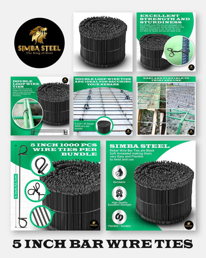 5 Inch x 1,000pc Double Loop Rebar Wire Ties, 16 Gauge Soft Annealed, SIMBASTEEL