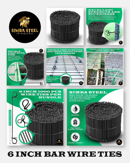 6 Inch x 1,000pc Double Loop Rebar Wire Ties, 16 Gauge Soft Annealed, SIMBASTEEL