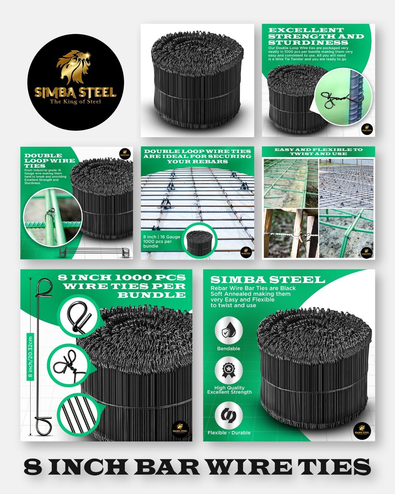 8 Inch x 1,000pc Double Loop Rebar Wire Ties, 16 Gauge Soft Annealed, SIMBASTEEL