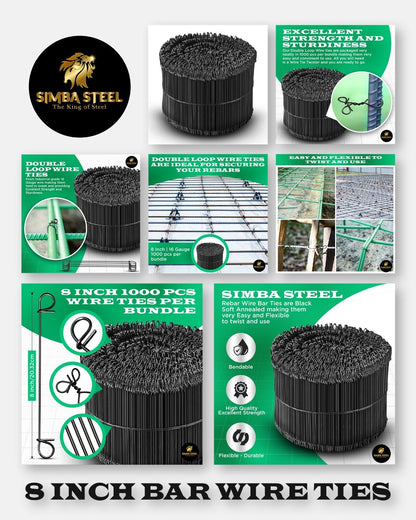 8 Inch x 1,000pc Double Loop Rebar Wire Ties, 16 Gauge Soft Annealed, SIMBASTEEL