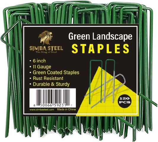 120 Pack x 6 Inch, 11 Gauge Green Landscape Staples, Garden Stakes, Ground Anchor, U-Type, Rust Resistant, Ground Pin for Tents, Tarp, Fence Grass Weed Barrier (Green 120 Pack)