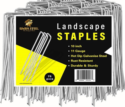 75 Pack x 10 Inch Landscape Staples Galvanised, Fabric Pins, 11 Gauge, Garden Staples, Tent Stakes, Fabric Pins for Lawn, Fence, Tent, Decoration, Weed Barrier, Outdoor. (75 x 10in)